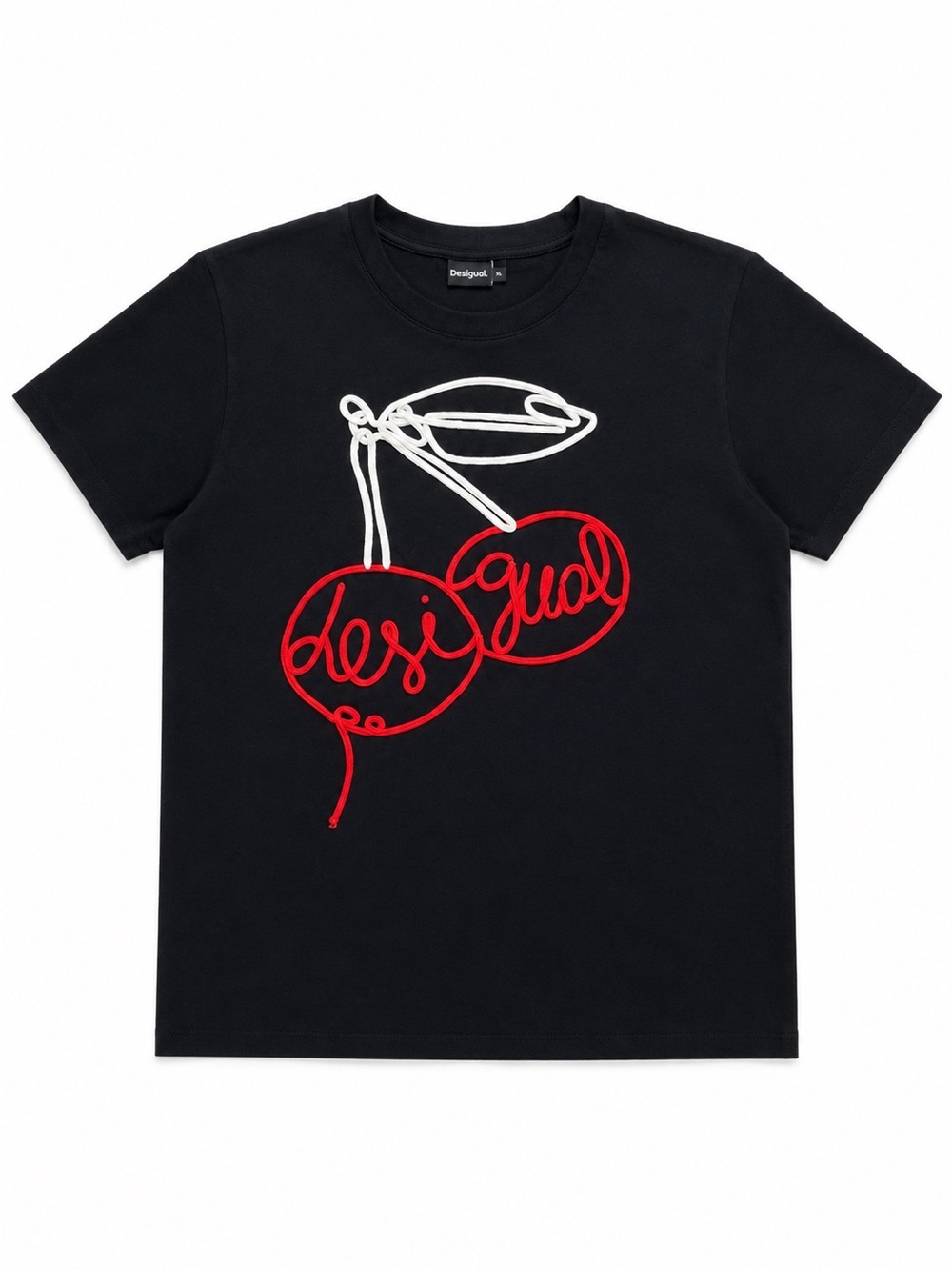 Desigual Cherry Graphic Rope Embroidered Tee XL Black 100% Cotton NWOT
